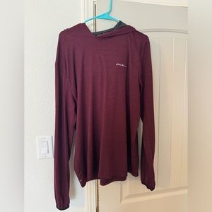XL active fit hooded shirt, color is maroon